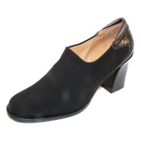 Right Bank Shoe Co Women's Joker In Black Crepe Stretch Fabric/Croco Embossed Leather