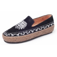 Yes Brand Shoes Women's Cora In Black Kid Suede/Brown Woven Leather/Silver Stitch
