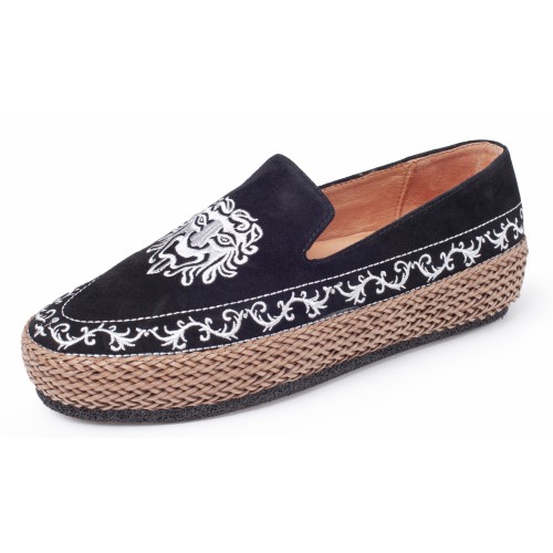 Yes Brand Shoes Women's Cora In Black Kid Suede/Brown Woven Leather