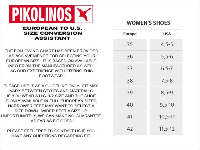 Pikolinos Shoe Size Conversion Chart